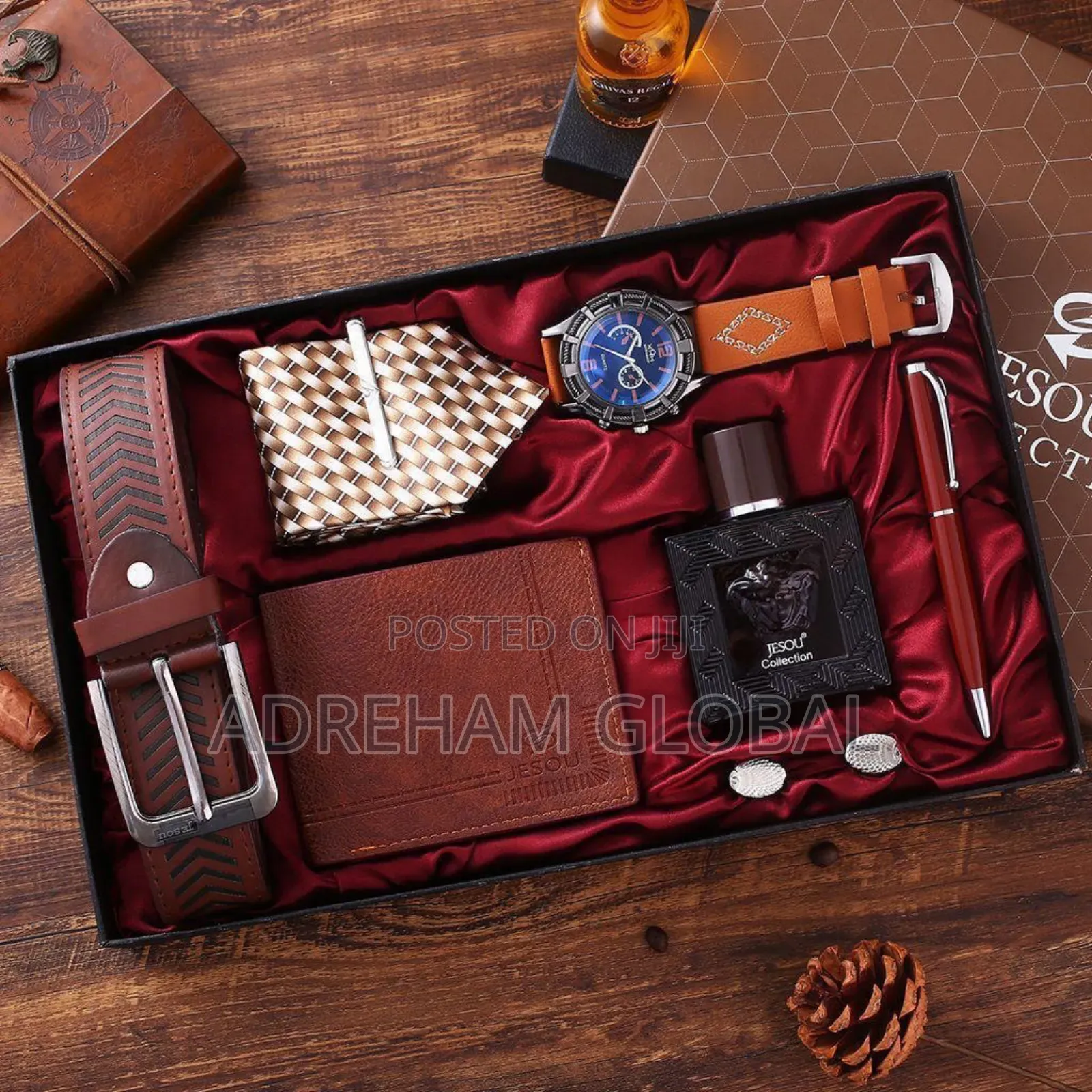 Men Gift Set Quality Leather Belt, Wristwatch,Tie, Perfume,